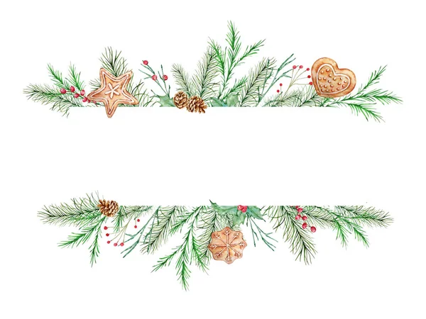 Christmas Watercolor Frame Fir Pine Branch Holly Berries Gingerbread Pine — Stock Photo, Image