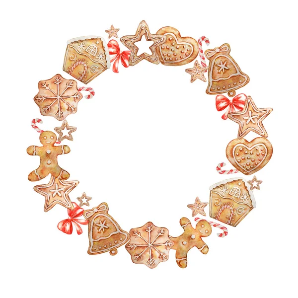 ジンジャーブレッドクッキー お菓子と赤い弓と水彩クリスマスリース 白地に隔離された手描き デザイン 背景のためのクリスマステンプレート — ストック写真