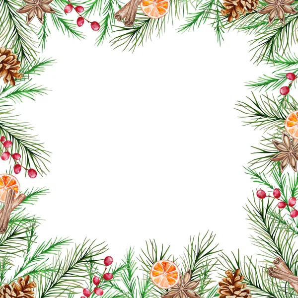 Watercolor Christmas Frame Winter Fir Pine Branches Berries Cinnamon Orange — Stock Photo, Image