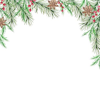 Kış köknarı, çam dalları, böğürtlen ve anason içeren suluboya Noel çerçevesi. Tebrik kartları, çerçeveler için Yeni Yıl illüstrasyonu tasarla.