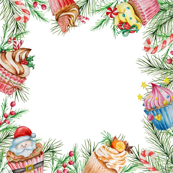 Watercolor Christmas Frame Winter Branches Christmas Cakes Design New Year — Stock Photo, Image