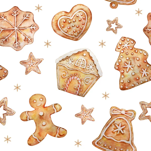 水彩画圣诞无缝图案与传统装饰和元素 圣诞姜饼饼干 姜饼人 姜饼屋 铃铛和白星 — 图库照片