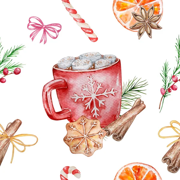 Akvarel Vánoční Bezešvný Vzor Tradiční Výzdobou Prvky Červený Hrnek Marshmallows — Stock fotografie