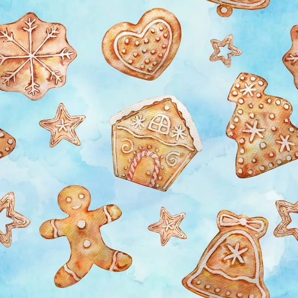 水彩画圣诞无缝图案与传统装饰和元素 圣诞姜饼饼干 姜饼人 姜饼屋 铃铛和星辰 背景为浅蓝色 — 图库照片
