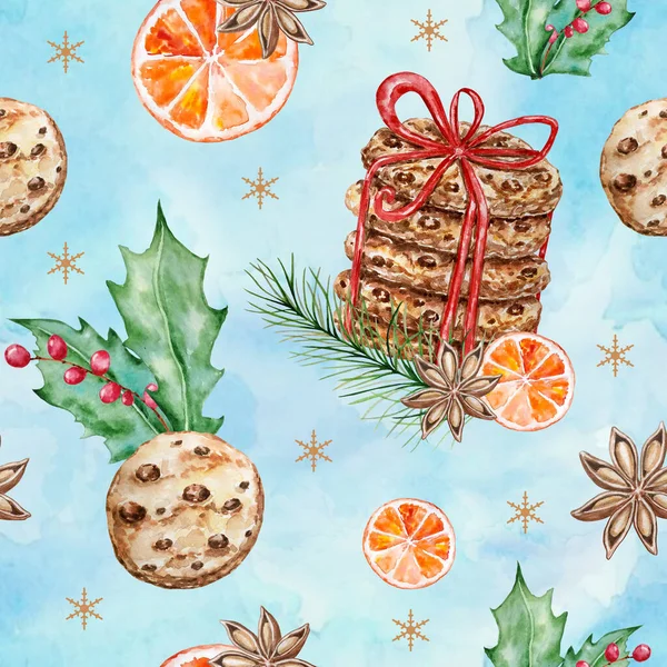 Padrão Sem Costura Natal Aquarela Com Decoração Tradicional Elementos Biscoitos — Fotografia de Stock