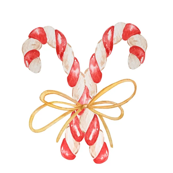 水の色クリスマスの杖 手描きの2つのキャンディー 白い背景に隔離された弓で結ばれた縞模様のロリポップ デザイン プリント ファブリックまたは背景のための甘いイラスト — ストックベクタ