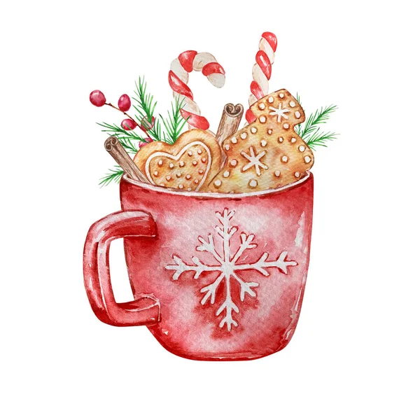 Noel kurabiyeleri, şekerler ve tarçın çubuğuyla suluboya çizimleri kar tanesi desenli kırmızı bir kupada, beyaz, noel, hygge ve kış tatillerinde izole edilmiş.