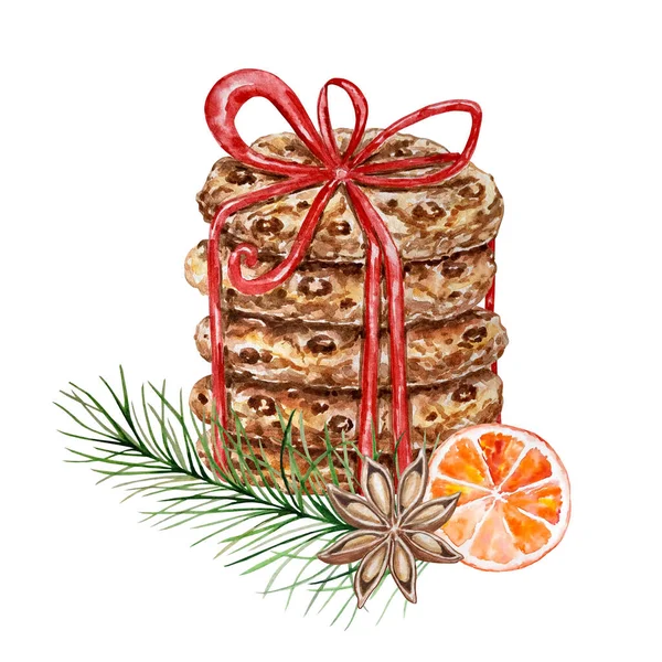 Kırmızı kurdeleli çikolata parçalı suluboya Noel kurabiyeleri. Çam dalı, portakal dilimi ve yıldız anason ile süslenmiş kırmızı kurdele. Suluboya çizimi beyaz arkaplanda izole edildi. Noel arabası için elle çizilmiş bir parça