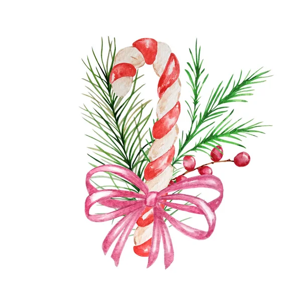 Cana Doces Natal Aquarela Com Decoração Cana Doce Pintada Mão — Vetor de Stock