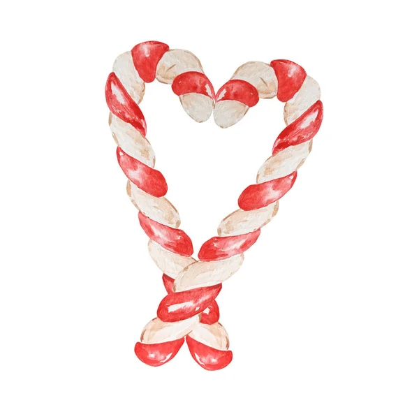 水の色クリスマスの杖 手描きの2つのキャンディー 縞模様のロリポップ 心臓の形で 白い背景に孤立した デザイン プリント ファブリックまたは背景のための甘いイラスト — ストックベクタ