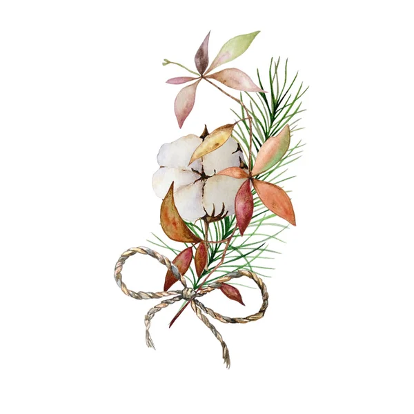 Акварель Рождественский Цветочный Букет Хлопчатобумажной Сосновой Ветвей Покрашенные Вручную Хлопковые — стоковый вектор