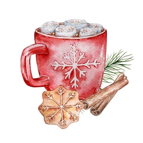 Sıcak çikolatanın suluboya çizimleri, kar tanesi desenli kırmızı bir kupada marşmelov, Noel zencefilli ekmek ve tarçınlı, beyaz, noel, hygge ve kış tatillerinde izole edilmiş.