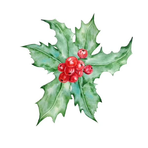 圣诞和新年象征装饰荷莉浆果的构图 水彩画手绘图解 白色背景隔离 — 图库矢量图片