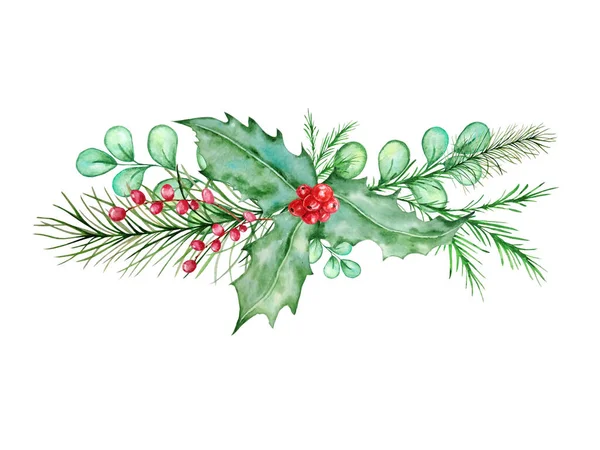 Suluboya İskandinav Noel kompozisyonu. El yapımı kış süsü. Yaprak buketi, dal, çam dalları ve kutsal çilek.