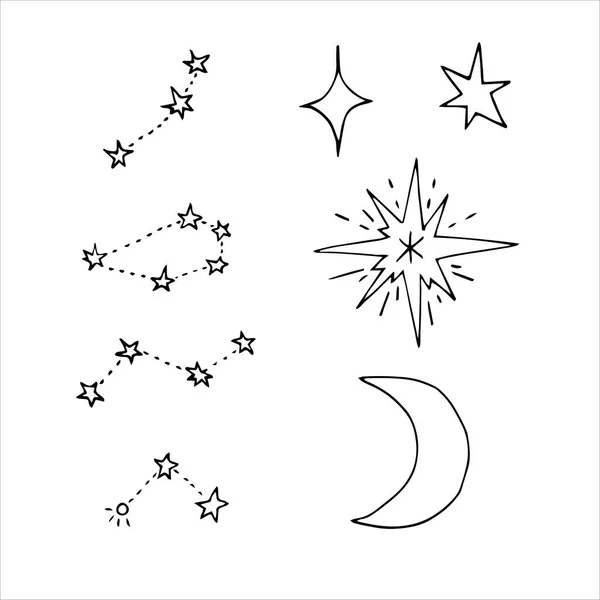 Doodle Σύνολο Διαφορετικούς Αστερισμούς Αστέρια Και Φεγγάρι Γραμμική Τέχνη Ασπρόμαυρη — Διανυσματικό Αρχείο