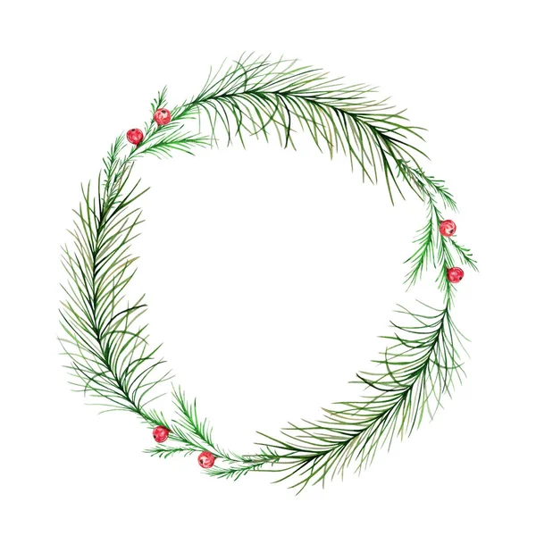 Couronne Noël Aquarelle Avec Branches Sapin Pin Baies Rouges Illustration — Image vectorielle