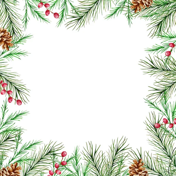 Akvarel Vánoční Rám Zimními Jedlemi Borovými Větvemi Bobulemi Borovými Šiškami — Stockový vektor