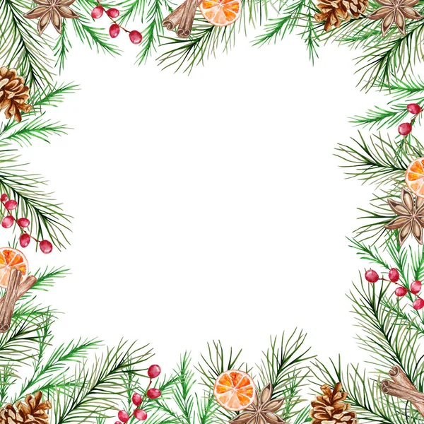 Watercolor Christmas Frame Winter Fir Pine Branches Berries Cinnamon Orange — Stock Vector