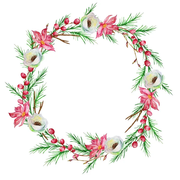 Corona Navidad Con Abeto Con Flores Rojas Blancas Invierno Con —  Fotos de Stock