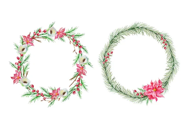 Två Julkransar Med Julgran Med Vinterröda Och Vita Blommor Och — Stockfoto