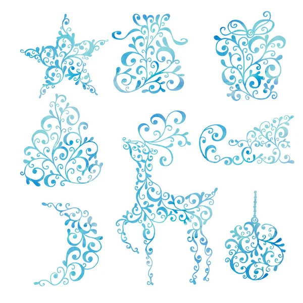 Weihnachten Handgezeichnete Kritzeleien Schmuck Illustration Weihnachtszeilenkunst Blau Set Mit Weihnachtsbaum — Stockfoto