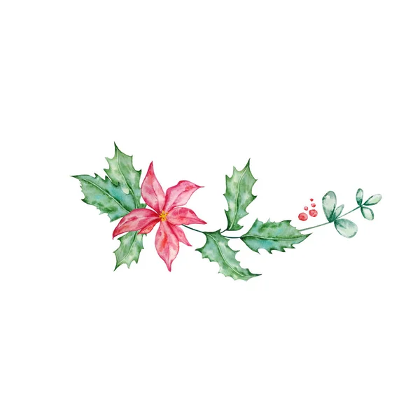 Mazzo Natale Con Poinsettia Agrifoglio Illustrazione Acquerello Felice Anno Nuovo — Foto Stock