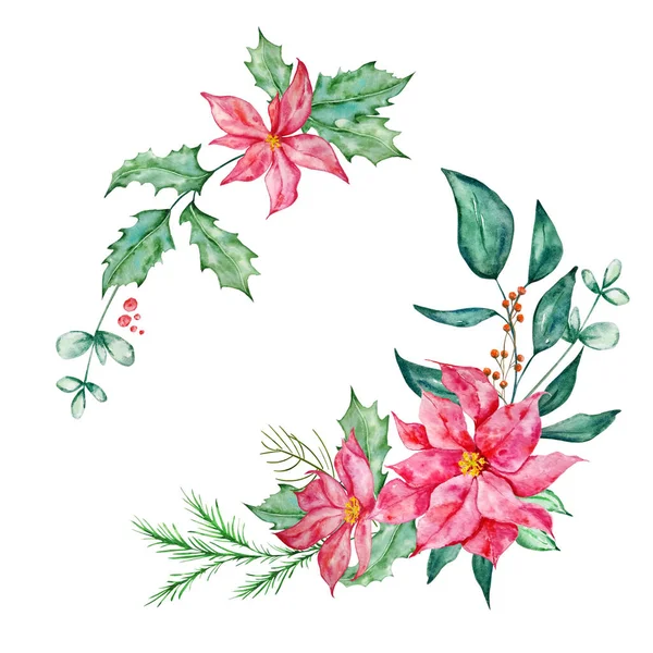 Set Vánoční Kytice Eukalyptem Poinsettia Smrk Větev Cesmína Akvarel Ilustrace — Stock fotografie