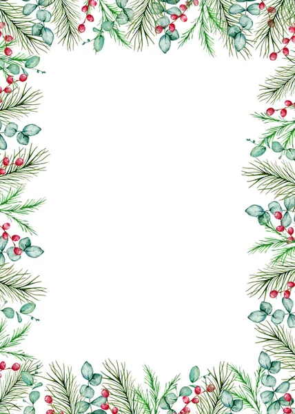 Aquarell Weihnachtsrechteckrahmen Mit Winterfichten Und Kiefernzweigen Beeren Und Eukalyptuszweigen Design — Stockfoto