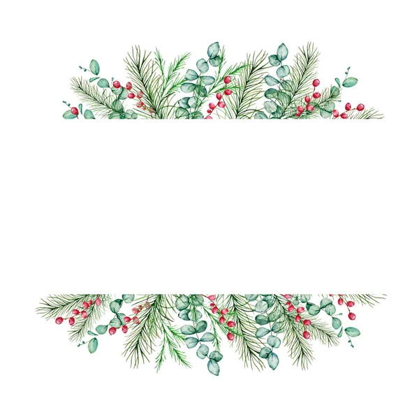 Aquarelle Cadre Rectangulaire Noël Avec Branches Sapin Pin Hiver Baies — Photo