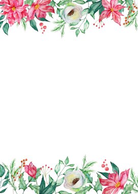 Kış köknar ve çam dalları, böğürtlen ve kış kırmızı ve beyaz çiçekleriyle suluboya Noel dikdörtgen çerçevesi. Tebrik kartları, çerçeveler için Yeni Yıl illüstrasyonu tasarla.