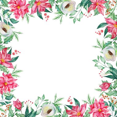 Kış köknar ve çam dalları, böğürtlen ve kış kırmızı ve beyaz çiçekleriyle suluboya Noel kare çerçevesi. Tebrik kartları, çerçeveler için Yeni Yıl illüstrasyonu tasarla