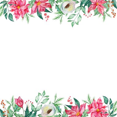 Kış köknarı, çam dalları, böğürtlen ve kış çiçekleriyle suluboya Noel kare çerçevesi. Tebrik kartları, çerçeveler için Yeni Yıl illüstrasyonu tasarla.