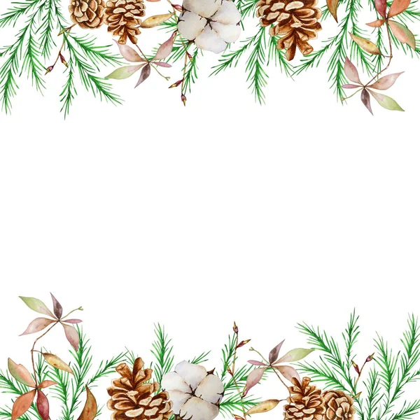 전나무와 소나무 솔방울 목화가 크리스마스 스퀘어 프레임 인사말 안경테를 디자인 — 스톡 사진