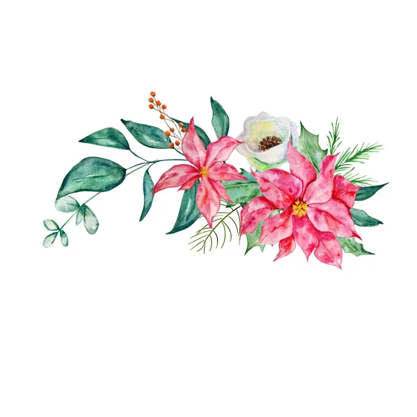 Bouquet Noël Avec Poinsettia Fleur Blanche Branche Sapin Houx Illustration — Image vectorielle