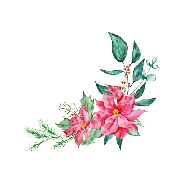 Świąteczny Bukiet Poinsettią Białym Kwiatem Gałązką Jodły Ostrokrzewem Ilustracja Akwarela — Wektor stockowy