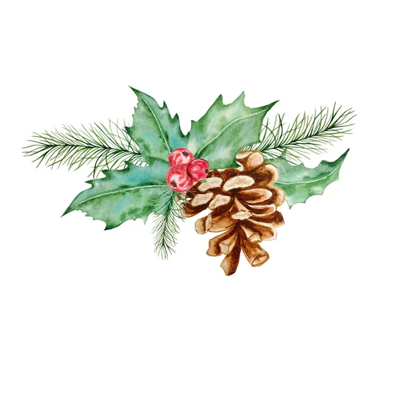 Weihnachten Und Neujahr Symbol Dekorative Stechbeere Mit Tannenzapfen Und Zweigzusammensetzung — Stockvektor