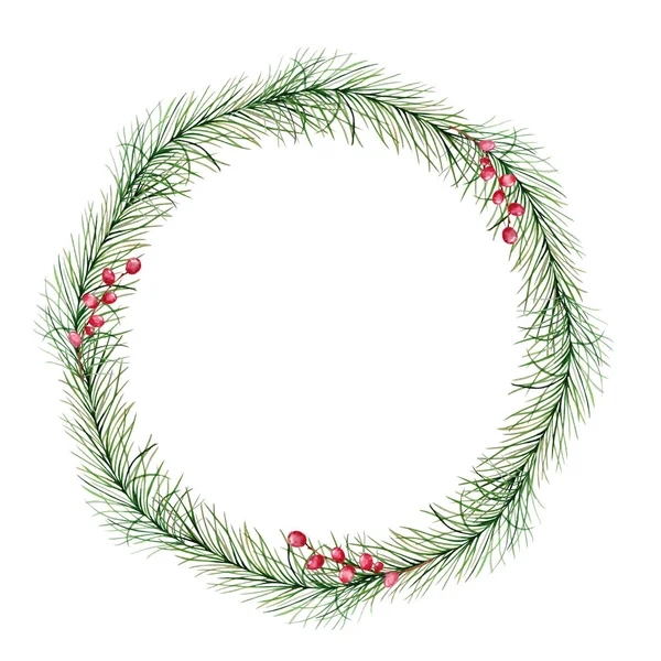 Akvarel Vánoční Věnec Jedlemi Borovicemi Červenými Bobulemi Ilustrace Pro Váš — Stockový vektor