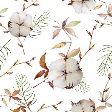 Yeşil çam dallı suluboya deseni, kahverengi yapraklı pamuk ve dallar. Beyaz arka planda elle boyanmış. Kış dönemi. Şenlikli, Noel yeşilliği tasarım, kumaş, baskı için doğa süsü.