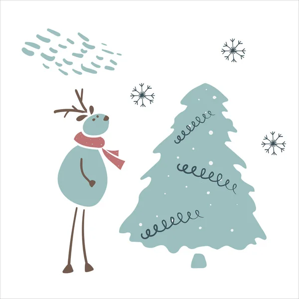 Ručně Kreslené Veselé Vánoční Přání Jeleni Vánoční Stromeček Pro Blahopřání — Stockový vektor