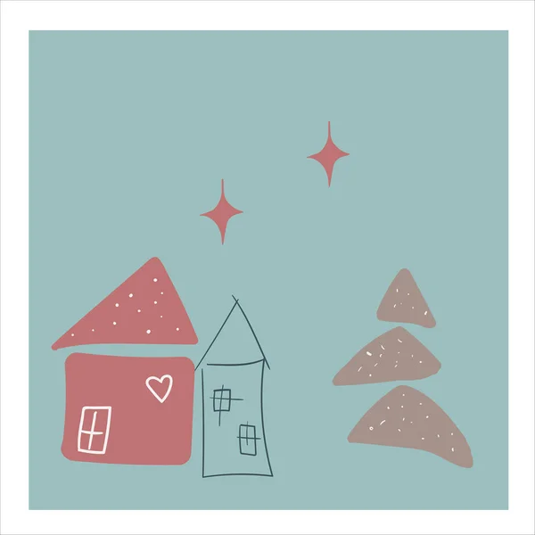 Ručně Kreslené Veselé Vánoční Přání Zimní Domy Chri — Stockový vektor