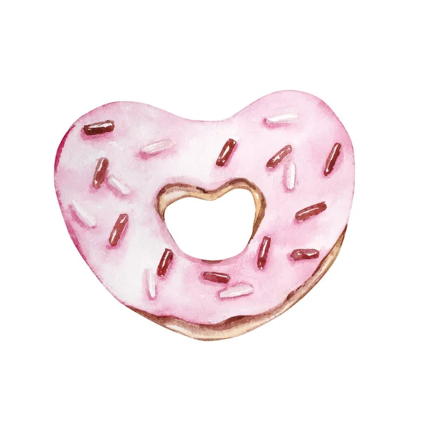 Acuarela Dibujado Mano Postre Rosado Donut Dulce Corazón Aislado Sobre — Foto de Stock