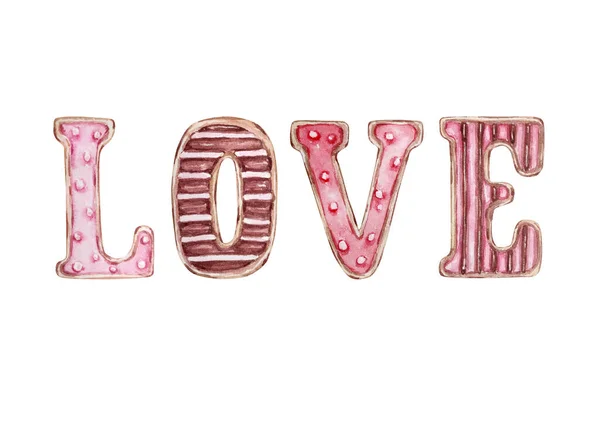 Acquerello Disegnato Mano Dolce Lettere Amore Biscotti Isolati Sfondo Bianco — Foto Stock