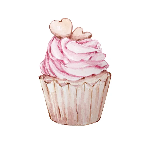 Watercolor Hand Drawn Dessert Cupcake Pink Cream Hearts Isolated White — Stock Photo, Image