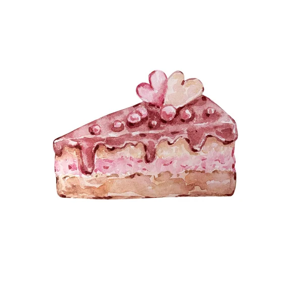Akwarela Ręcznie Rysowane Ciasto Deserowe Kremem Czekoladowym Serca Izolowane Białym — Zdjęcie stockowe