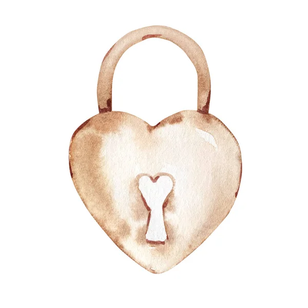 Watercolor Hand Drawn Beige Heart Shaped Lock Isolated White Background — Stock Photo, Image