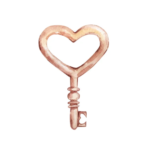 Akvarell Handritad Beige Nyckel Form Ett Hjärta Isolerad Vit Bakgrund — Stockfoto