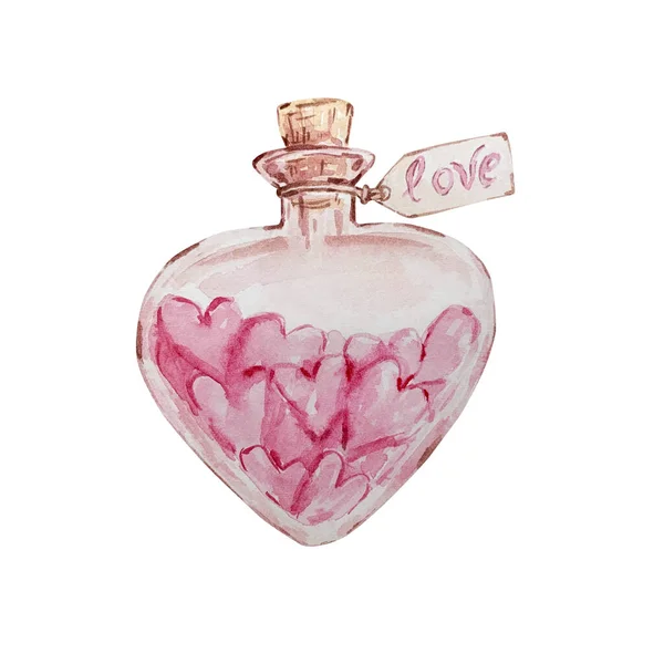 Watercolor Hand Drawn Sweet Hearts Love Drink Potion Jar Shape — Stock Photo, Image