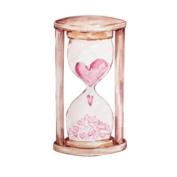 Aquarell Handgezeichnete Sanduhr Mit Rosa Herzen Isoliert Auf Weißem Hintergrund — Stockfoto