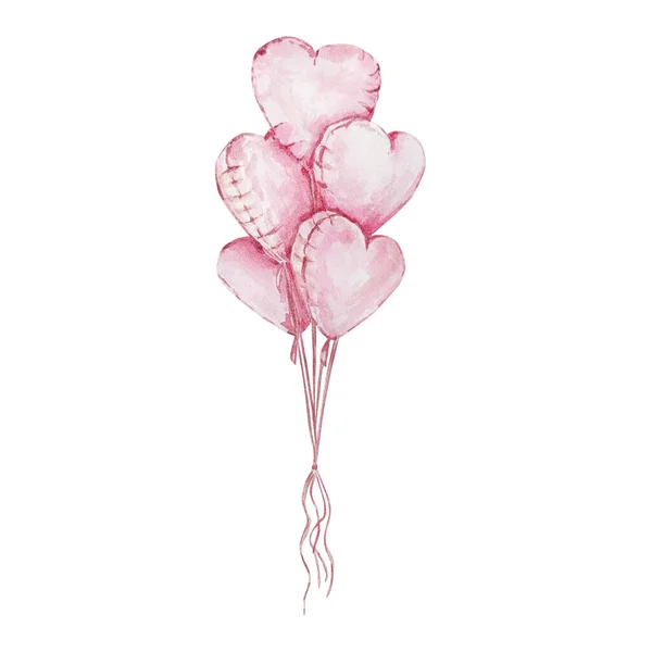 Globos Acuarela Dibujados Mano Con Corazones Rosados Aislados Sobre Fondo — Foto de Stock