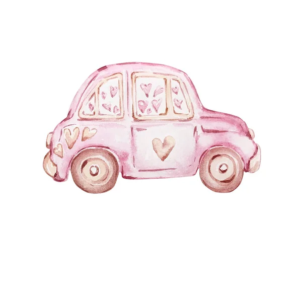 Acquerello Disegnato Mano Piccola Auto Rosa Con Cuori Beige Isolati — Foto Stock